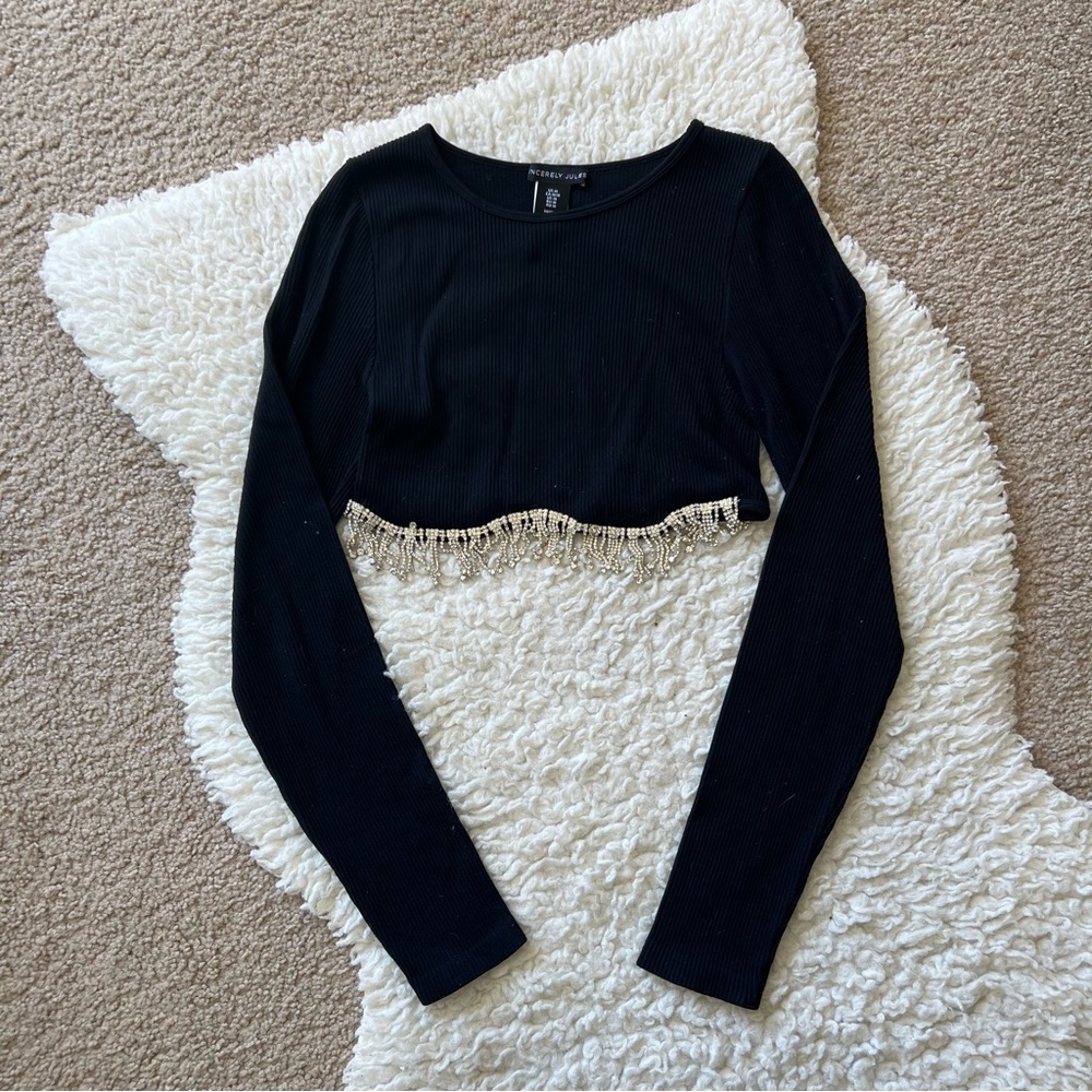 Black Long Sleeve Crop Top with Fringe Detail